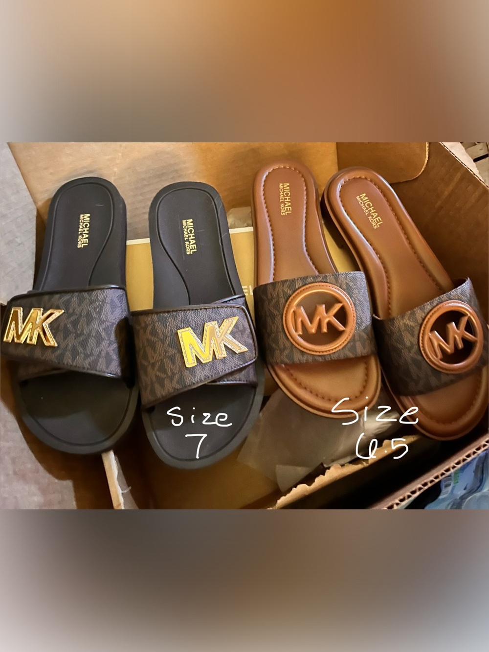 Michael Kors Brown and Black MK Logo Slide Sandals